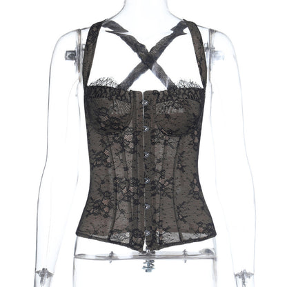 Wind Lace Sexy Corset Bustier Top All-Match Slim-Fit Tank Top For Women