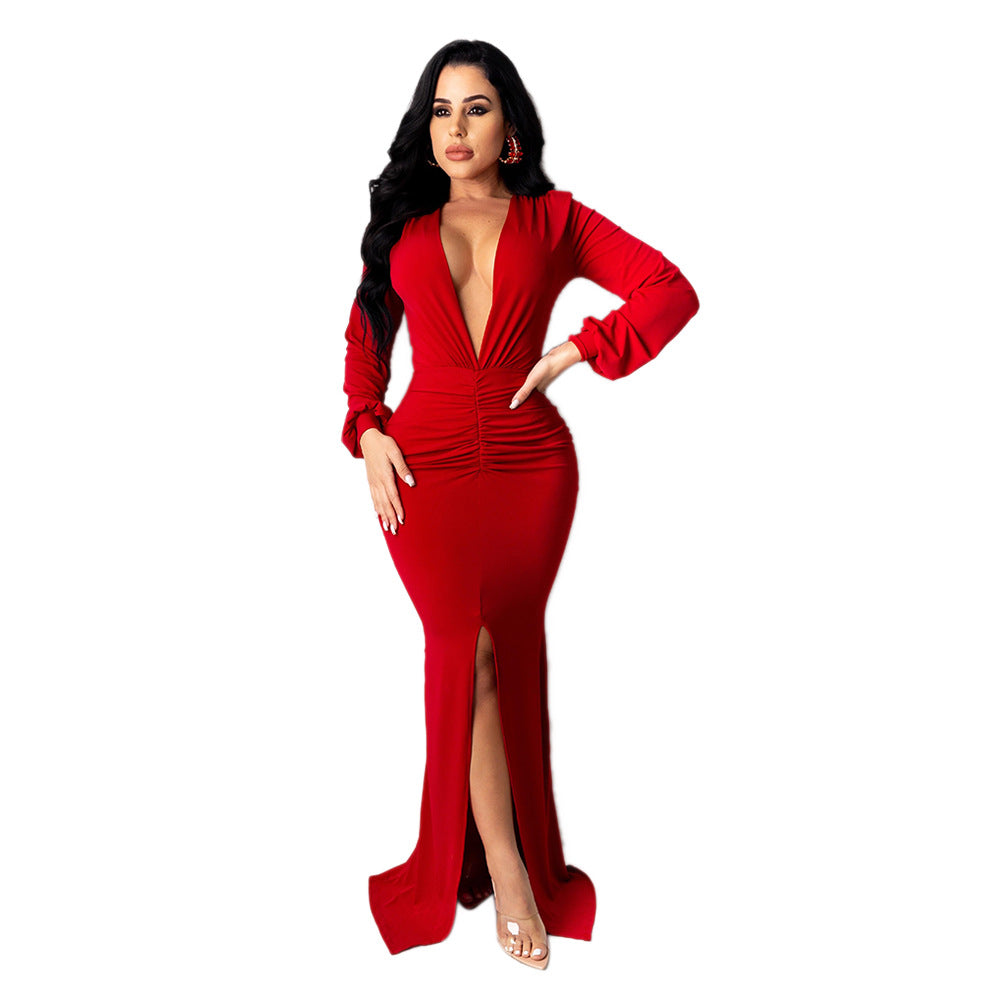 Vestido de noche ajustado con escote en V grande para mujer