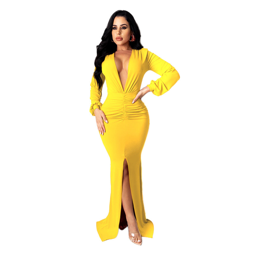 Vestido de noche ajustado con escote en V grande para mujer