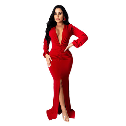 Vestido de noche ajustado con escote en V grande para mujer